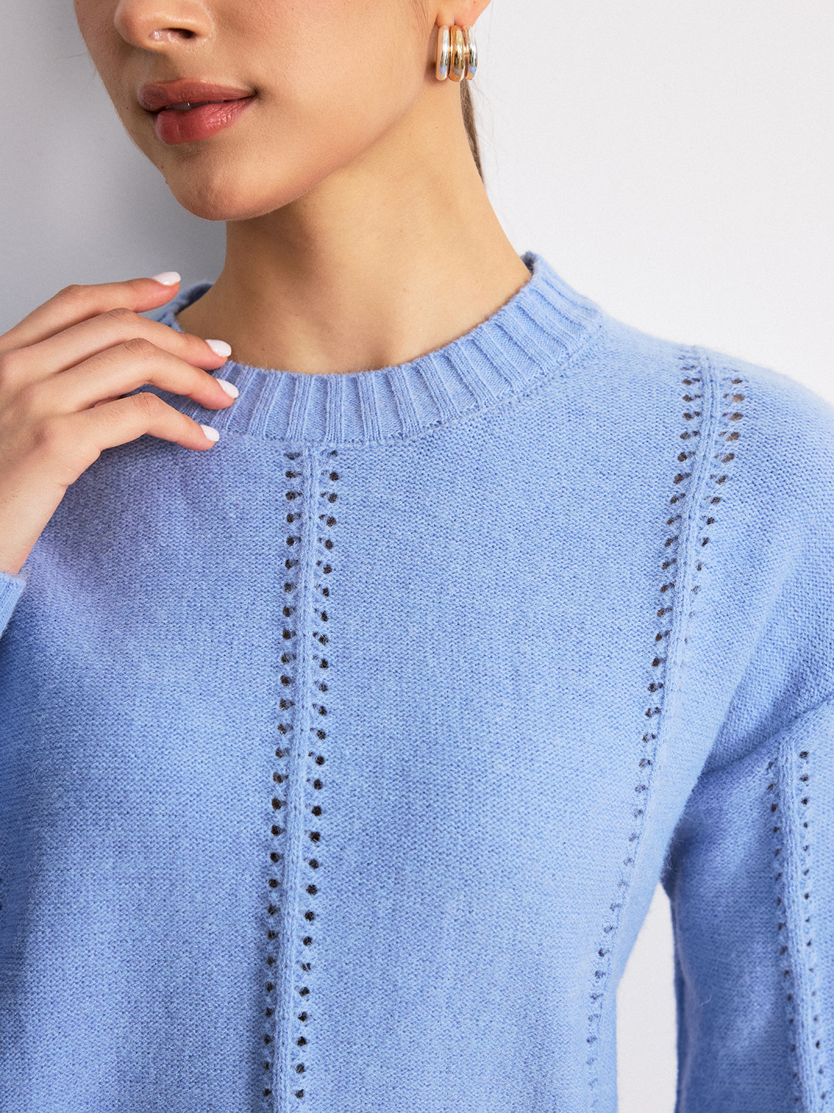 Eyelet Detail Crew Neck Sweater Cozy Knit Fall Fashion Essentials