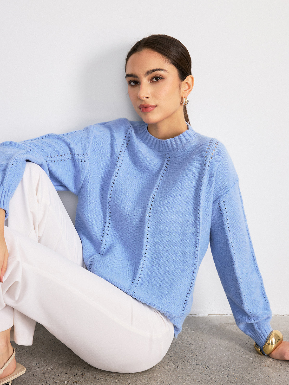 Eyelet Detail Crew Neck Sweater Cozy Knit Fall Fashion Essentials