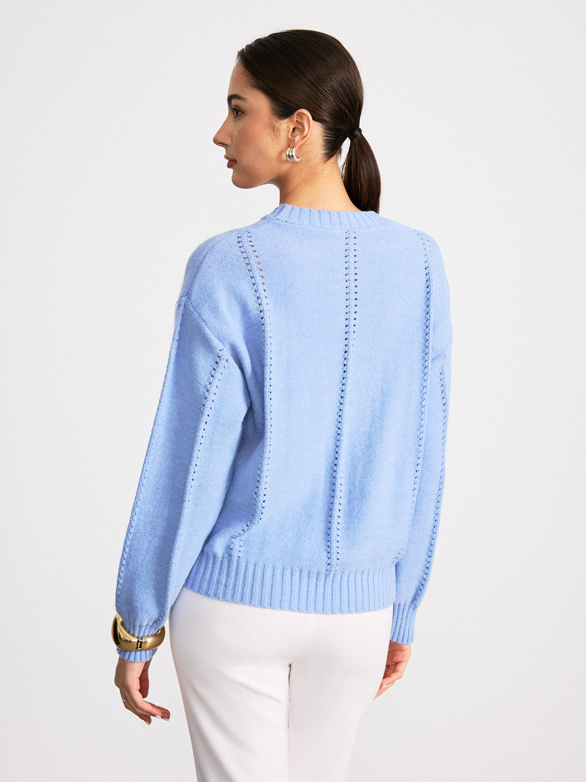Eyelet Detail Crew Neck Sweater Cozy Knit Fall Fashion Essentials