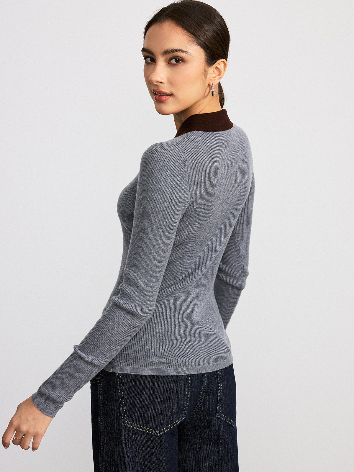 Contrast Collar Wool Blend Ribbed Knit Top - Cozy Fall Winter Fashion