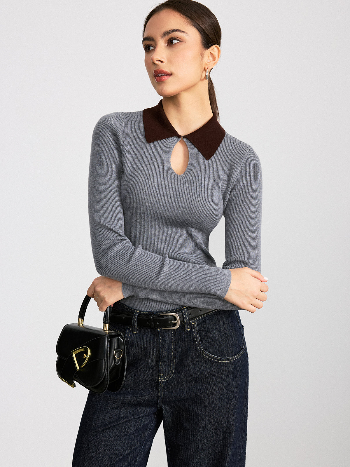 Contrast Collar Wool Blend Ribbed Knit Top - Cozy Fall Winter Fashion