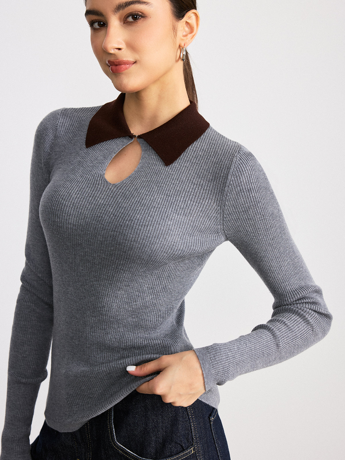 Contrast Collar Wool Blend Ribbed Knit Top - Cozy Fall Winter Fashion