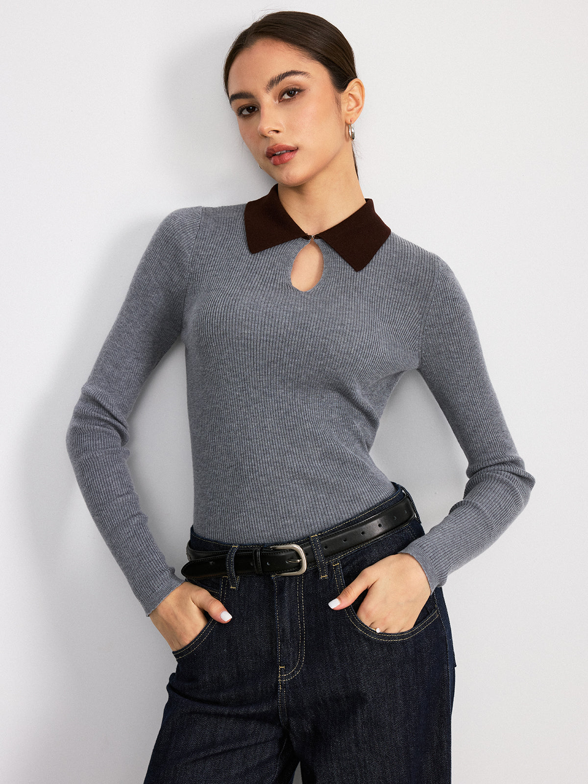 Contrast Collar Wool Blend Ribbed Knit Top - Cozy Fall Winter Fashion