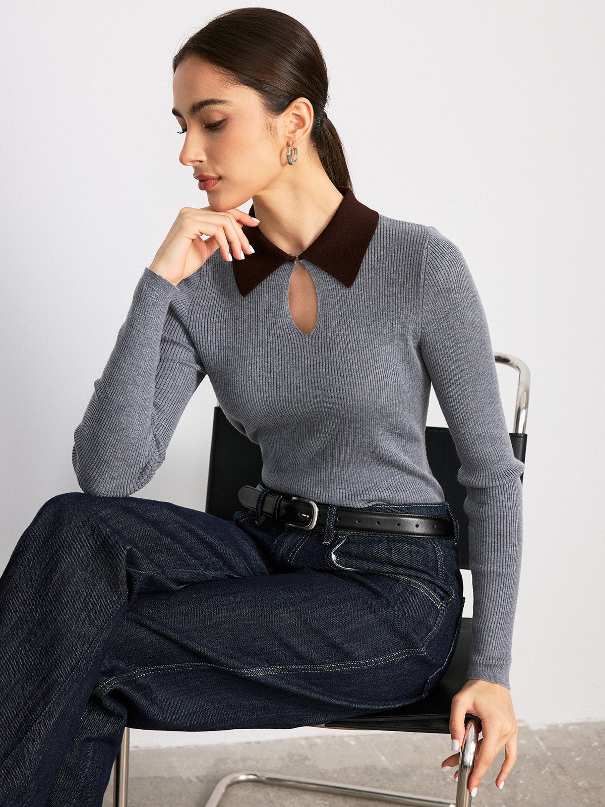 Contrast Collar Wool Blend Ribbed Knit Top - Cozy Fall Winter Fashion