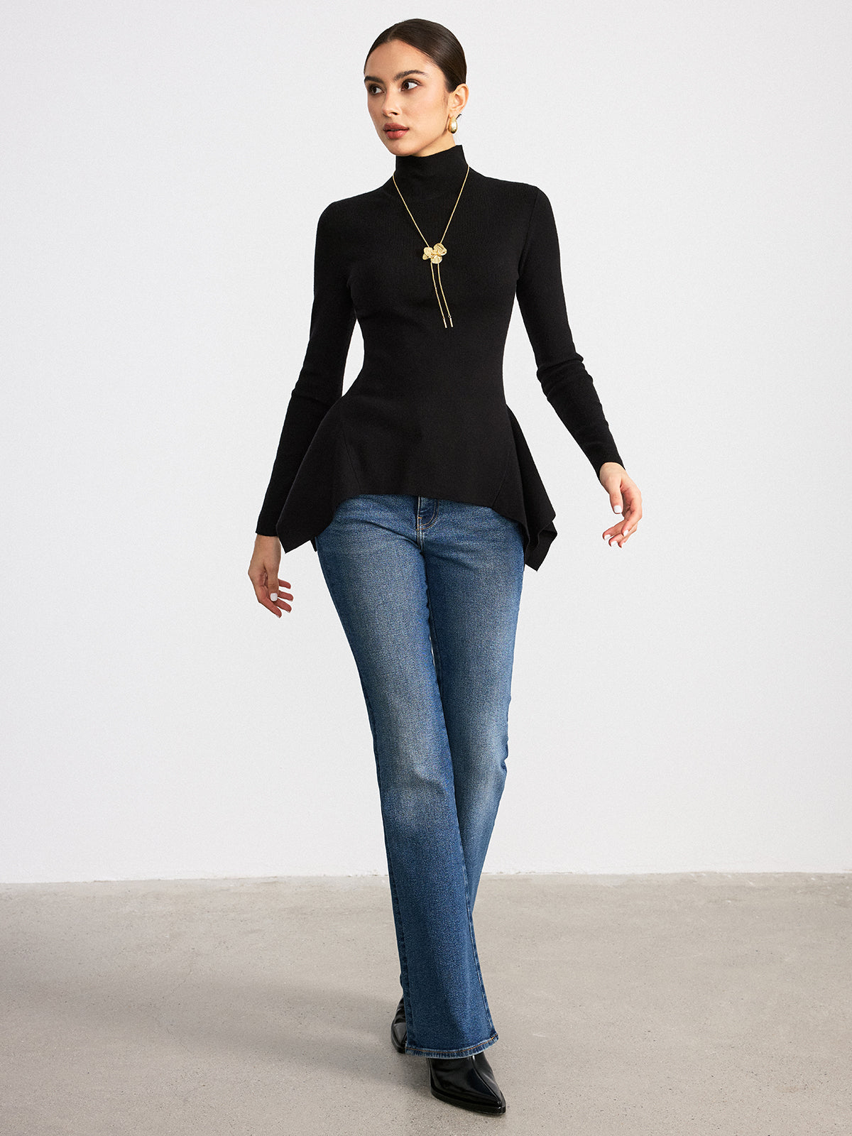 Turtleneck Asymmetric Peplum Sweater for Women, Elegant Winter Knitwear