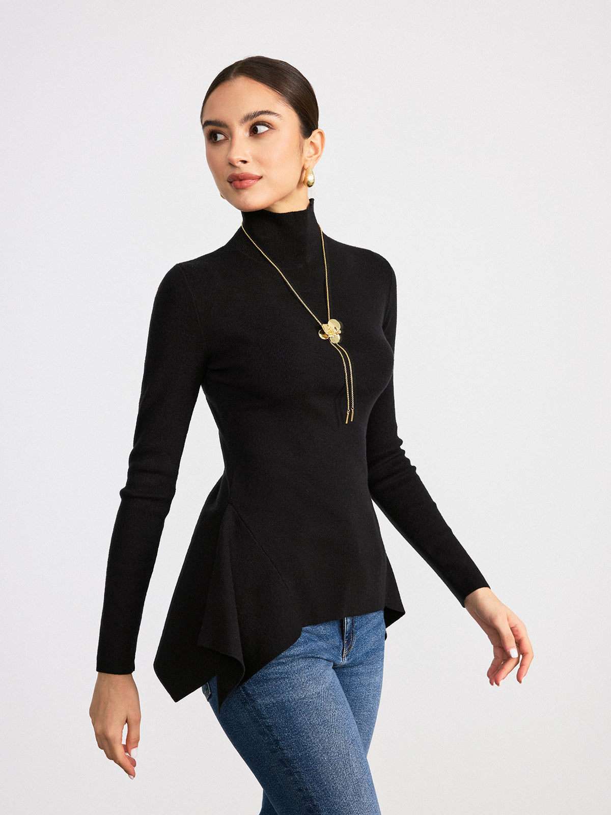 Turtleneck Asymmetric Peplum Sweater for Women, Elegant Winter Knitwear