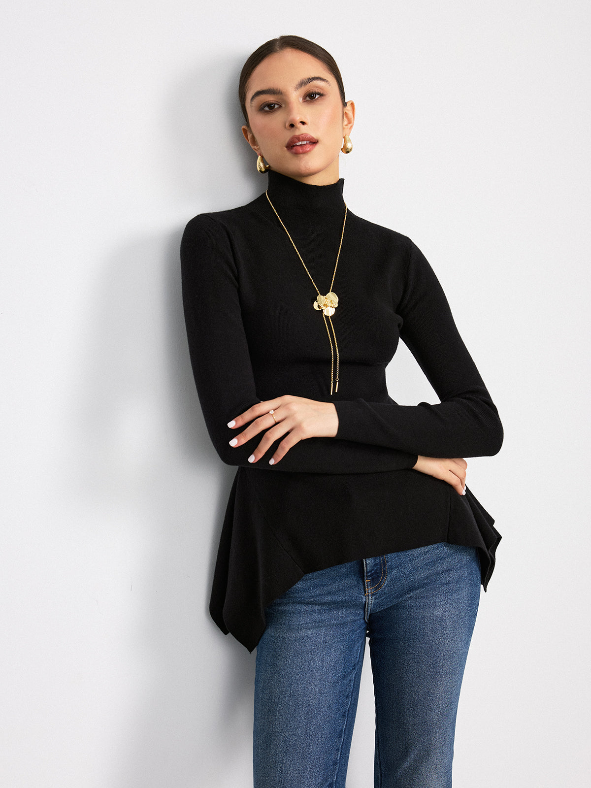 Turtleneck Asymmetric Peplum Sweater for Women, Elegant Winter Knitwear