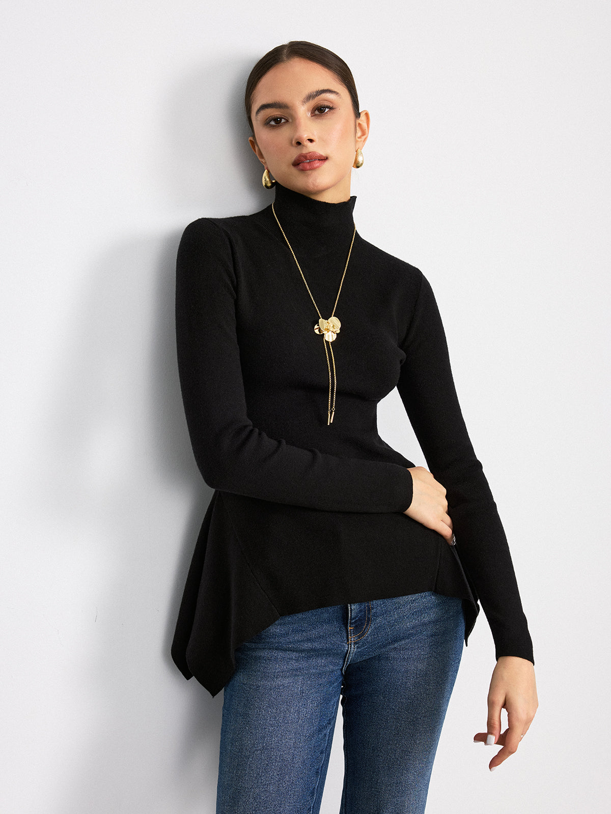 Turtleneck Asymmetric Peplum Sweater for Women, Elegant Winter Knitwear