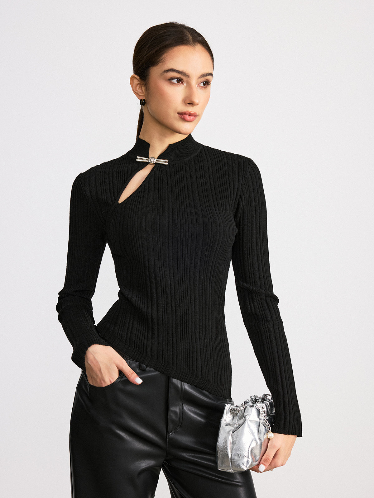 Metal Knot Detail Asymmetric Ribbed Sweater for Women Cozy Long Sleeve Pullover