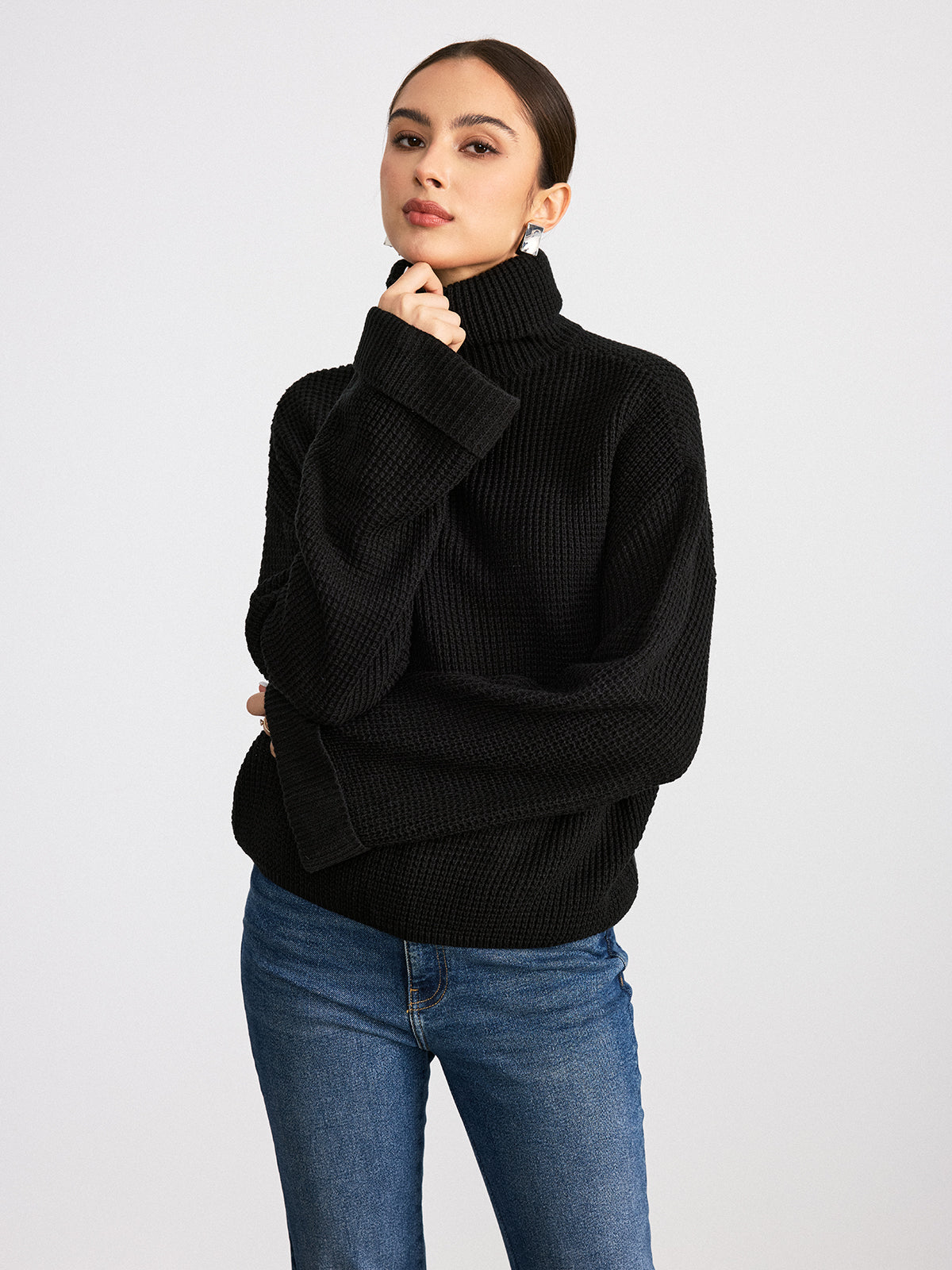 Turtleneck Waffle-Knit Long Sleeve Sweater | Cozy Winter Essential Pullover