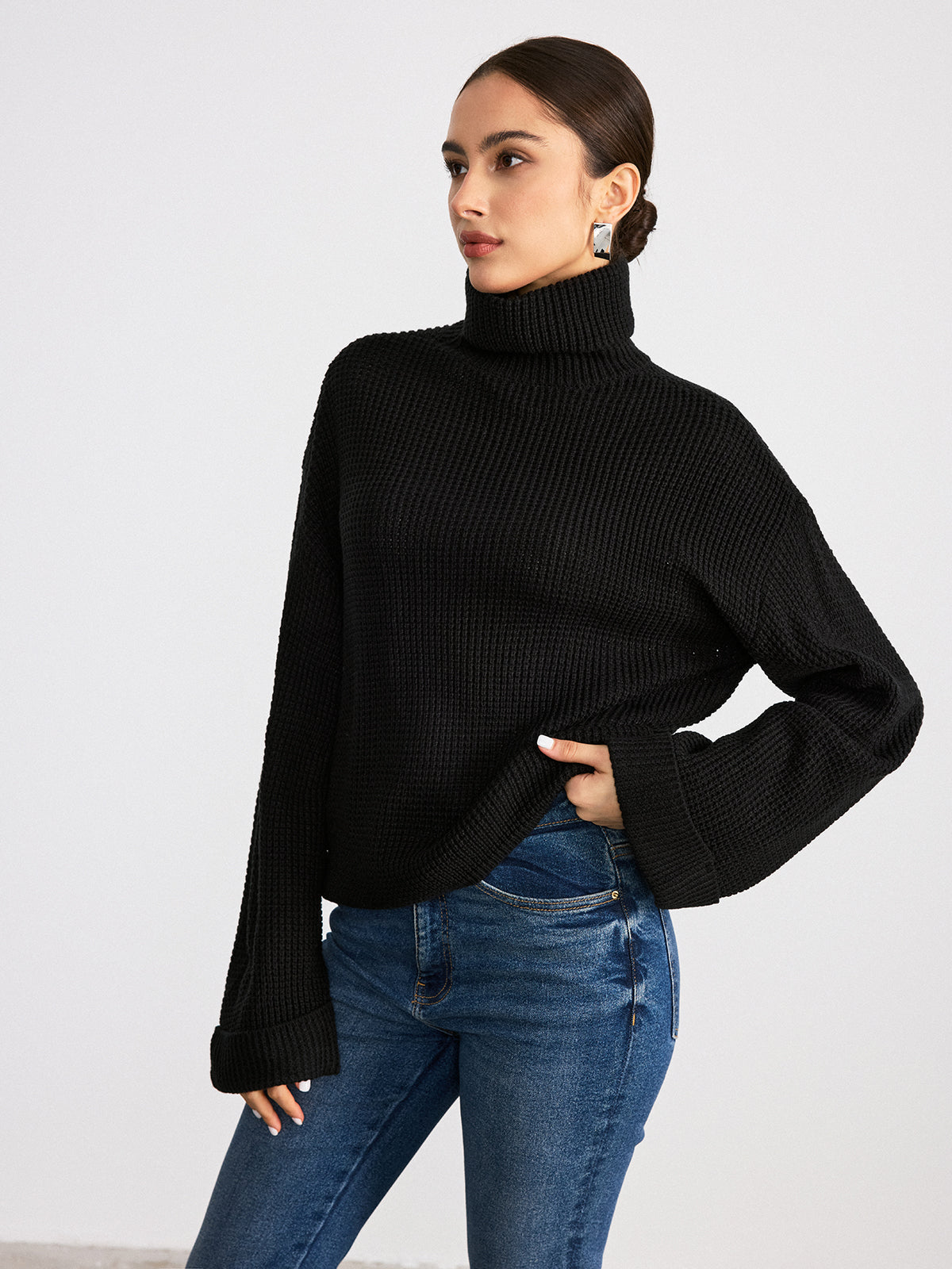 Turtleneck Waffle-Knit Long Sleeve Sweater | Cozy Winter Essential Pullover
