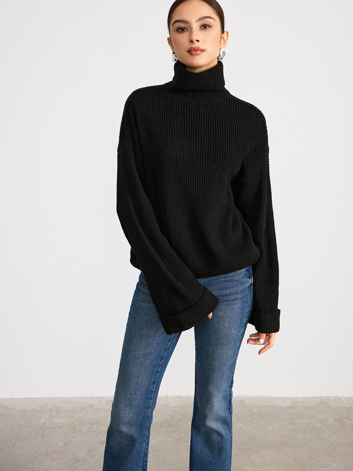 Turtleneck Waffle-Knit Long Sleeve Sweater | Cozy Winter Essential Pullover