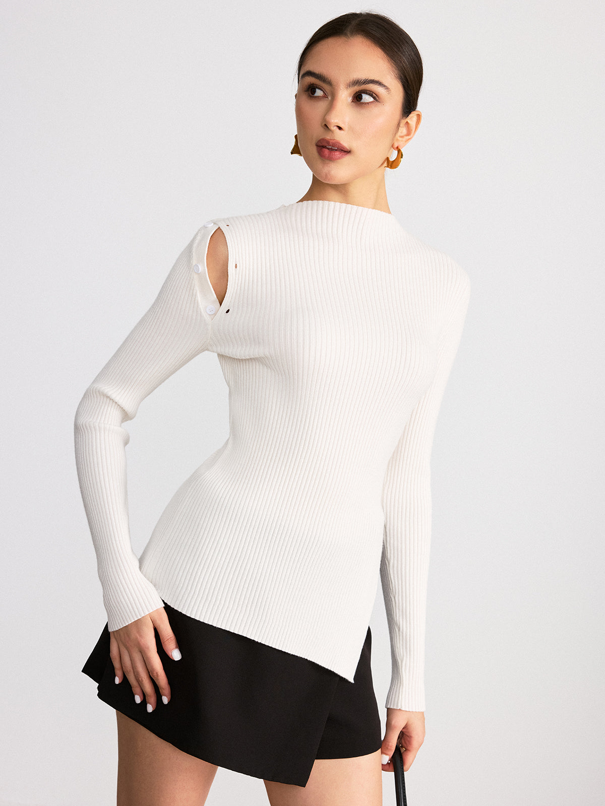 Asymmetric Slit Hem Ribbed Knit Top for Women, Casual Long Sleeve Pullover