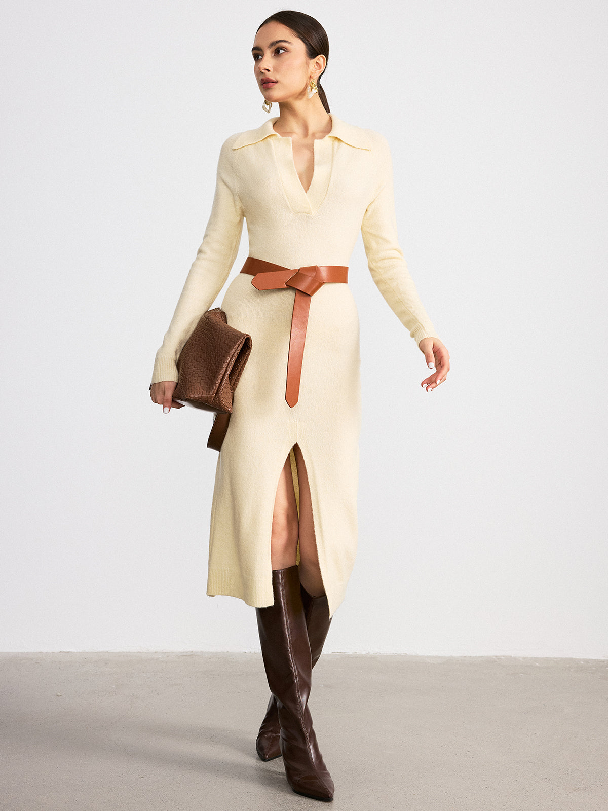 Collared Split-Hem Belted Knit Midi Dress | Elegant Workwear Essentials