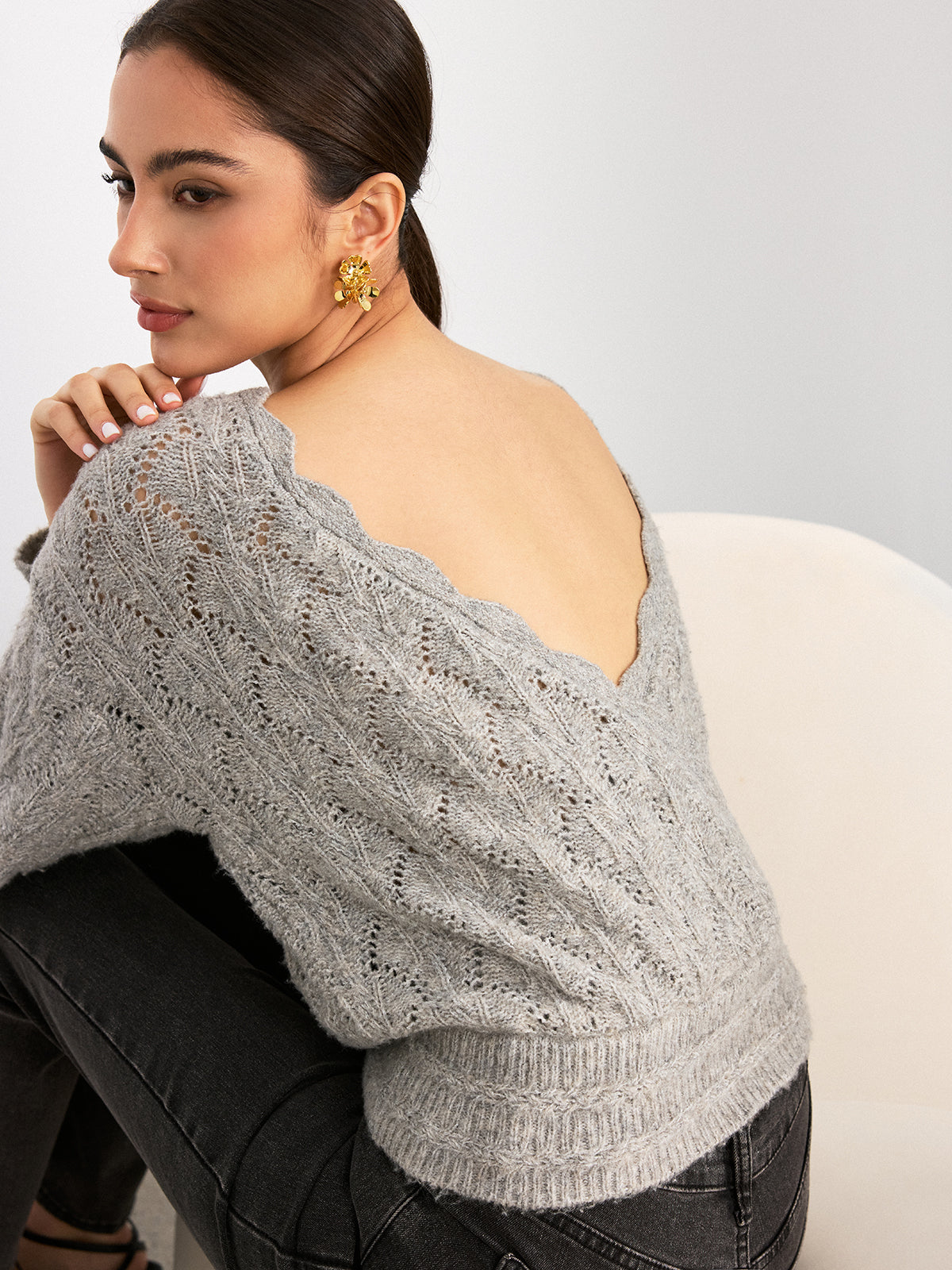 Scalloped Edge Reversible Wool Blend Sweater for Women Cozy Warm