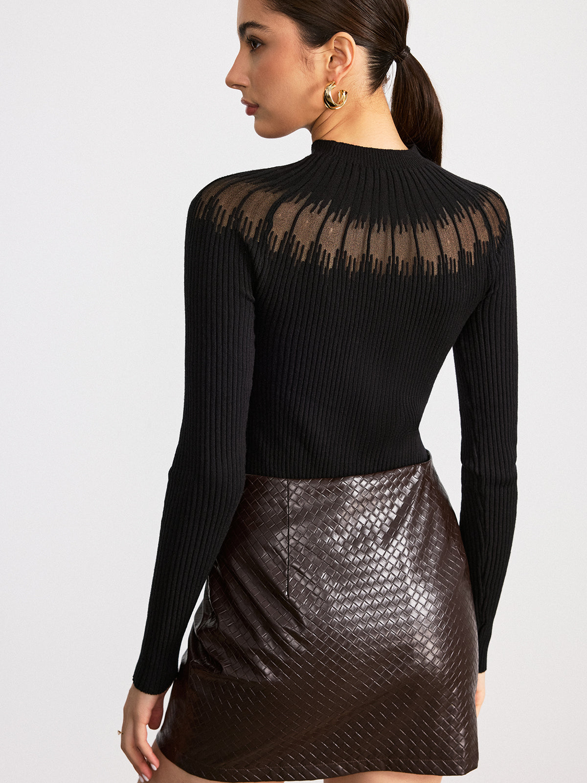 Sheer Panel Mock Neck Sweater - Elegant Lightweight Knit Top