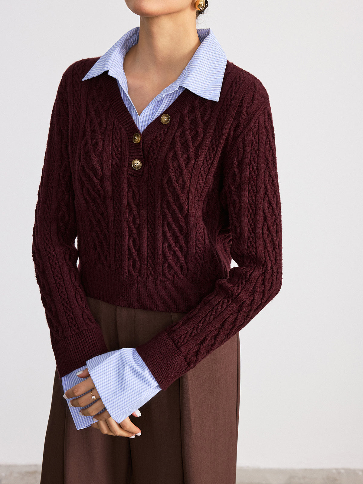 2 in 1 Striped Shirt Panel Cable Knit Top for Women Comfort Fit