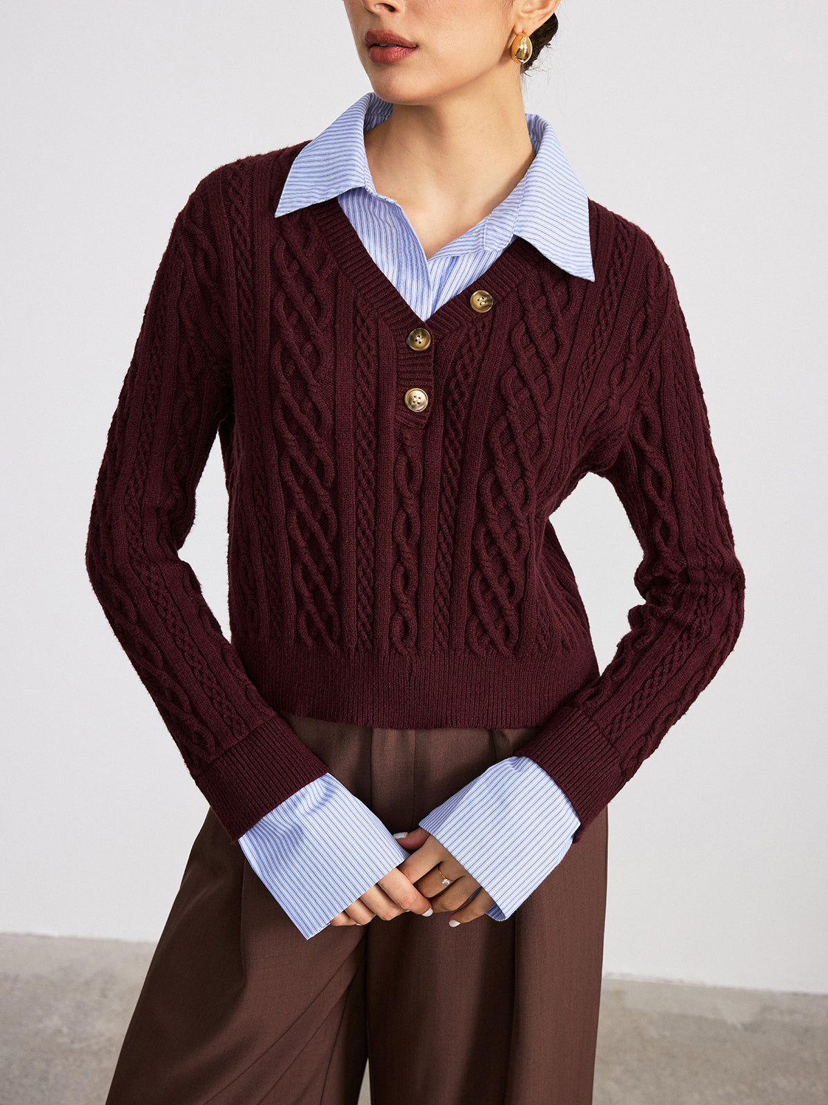 2 in 1 Striped Shirt Panel Cable Knit Top for Women Comfort Fit