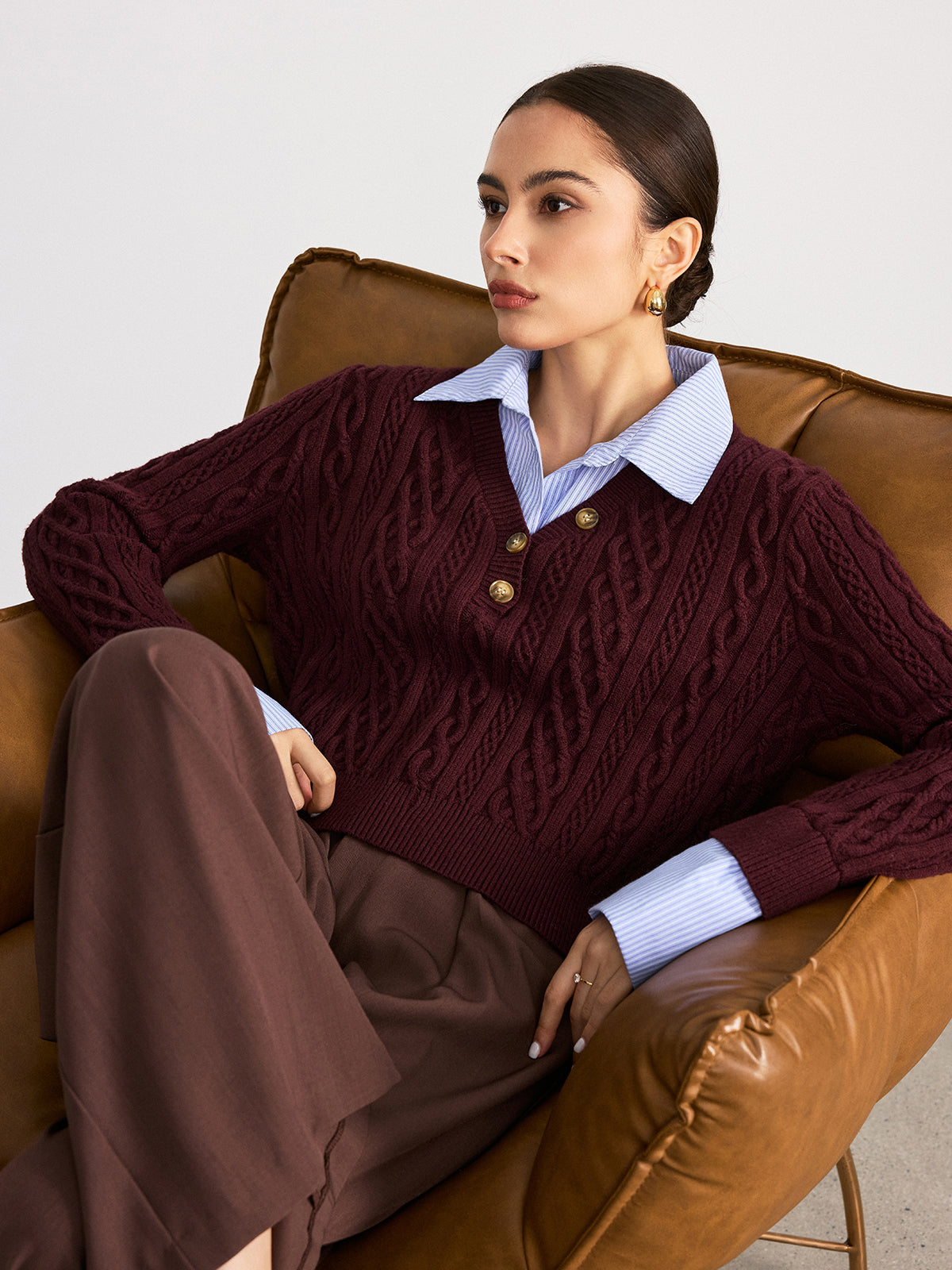 2 in 1 Striped Shirt Panel Cable Knit Top for Women Comfort Fit