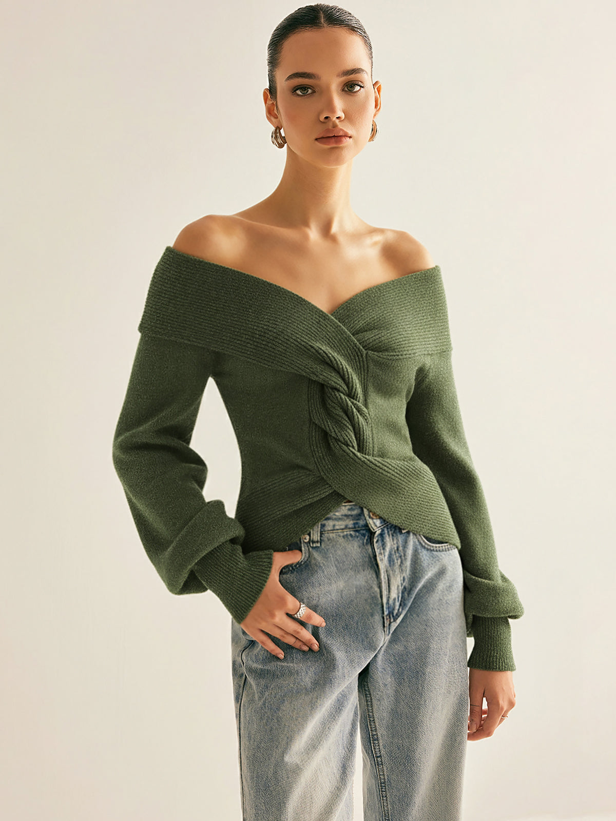 "Off-Shoulder Twist Knit Top Stylish Casual Women's Wear"