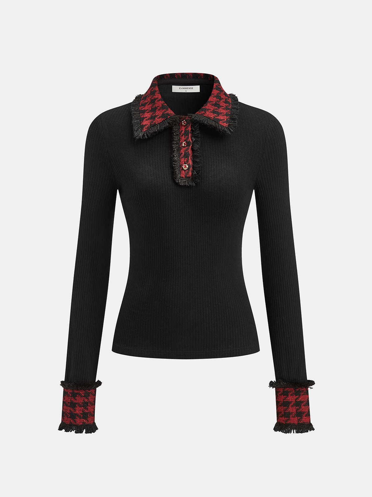 Contrast Checkered Collar Ribbed Knit Top for Women Casual Wear