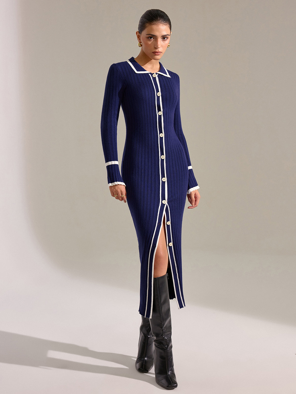 Contrast Trim Button Front Slim Fit Midi Dress with Belt Detail