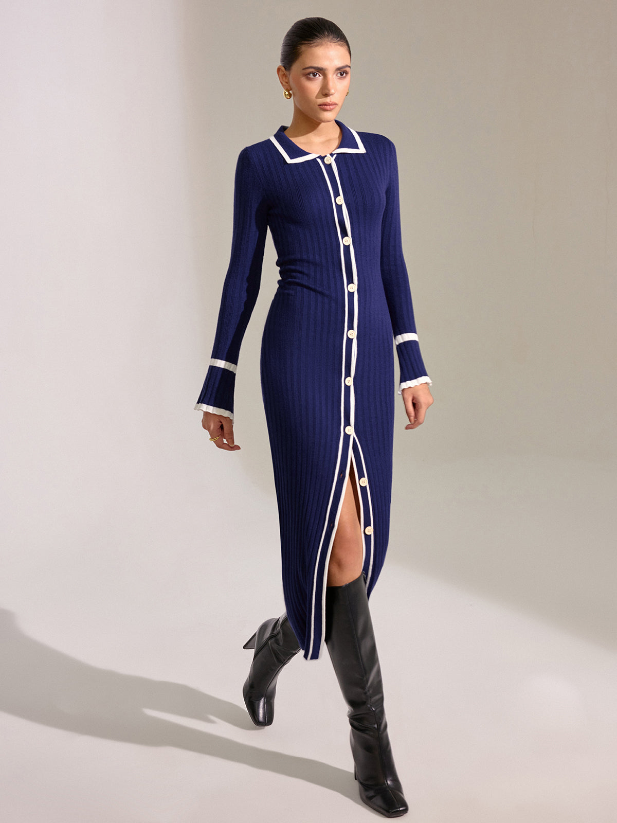 Contrast Trim Button Front Slim Fit Midi Dress with Belt Detail