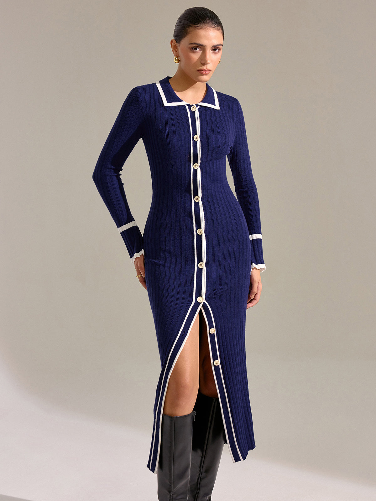 Contrast Trim Button Front Slim Fit Midi Dress with Belt Detail