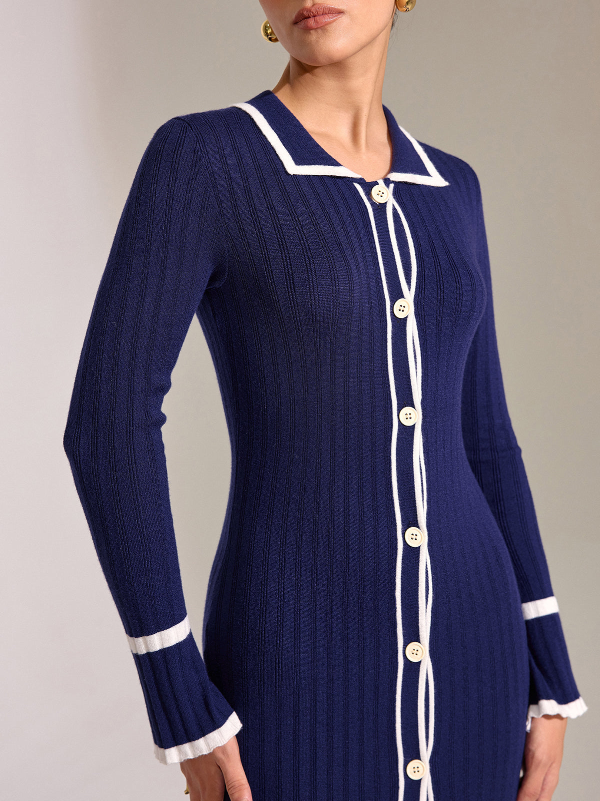 Contrast Trim Button Front Slim Fit Midi Dress with Belt Detail