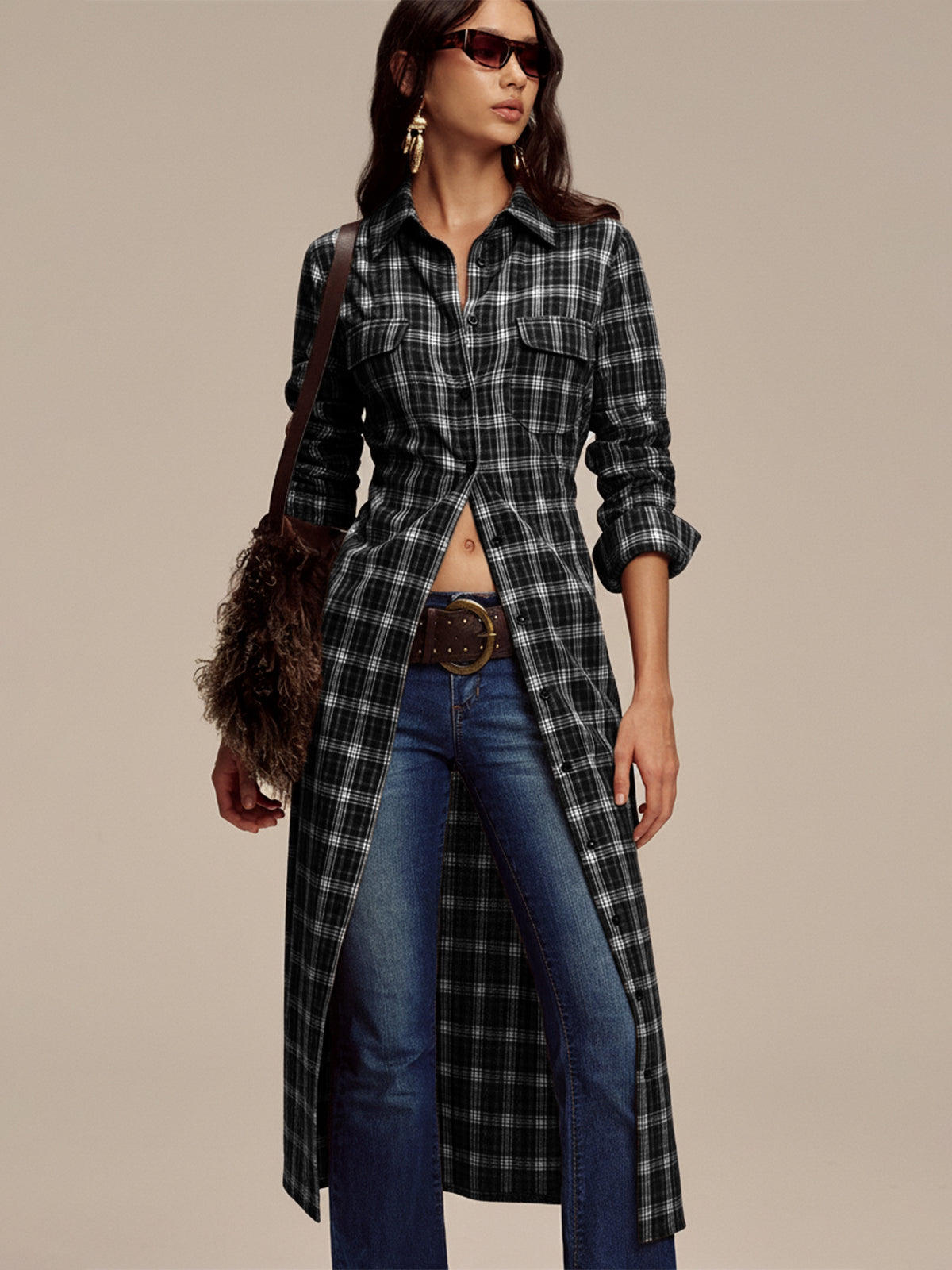 Plaid Button Front Shirt Dress with Waist Tie