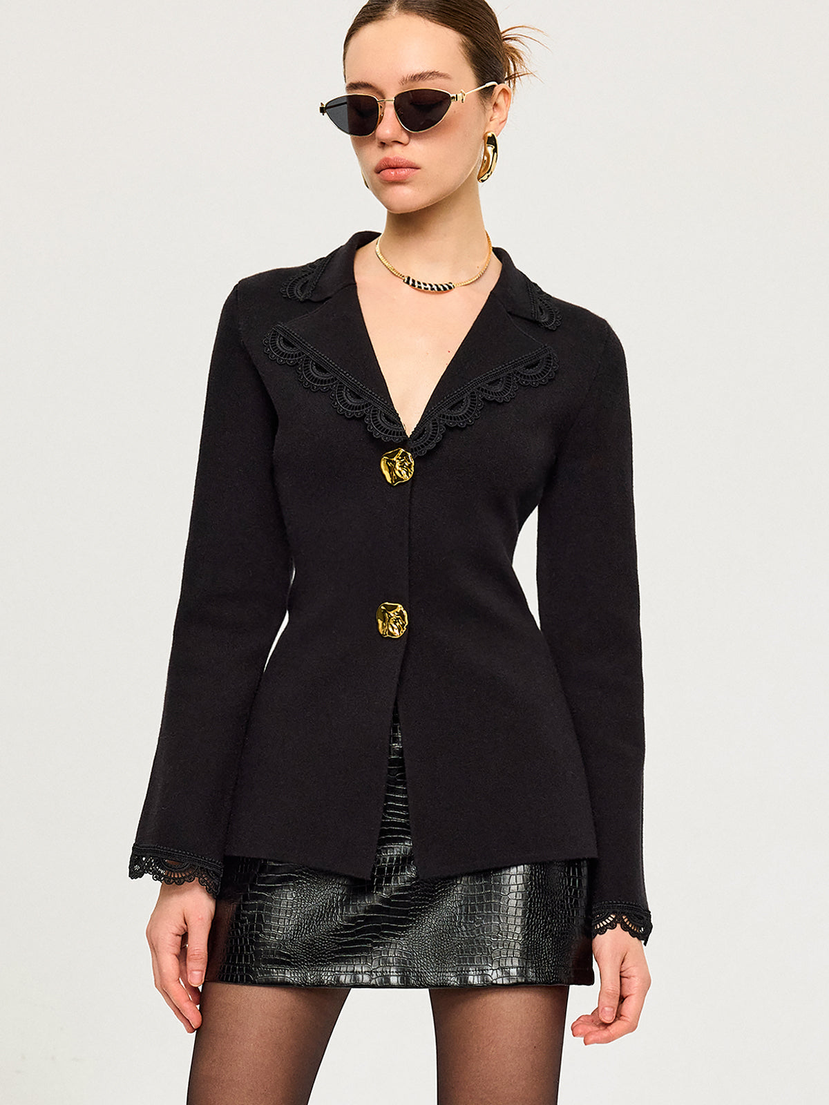 Wool Blend Lace Trim Metal Button Cardigan for Women, Elegant Long Sleeve Sweater.