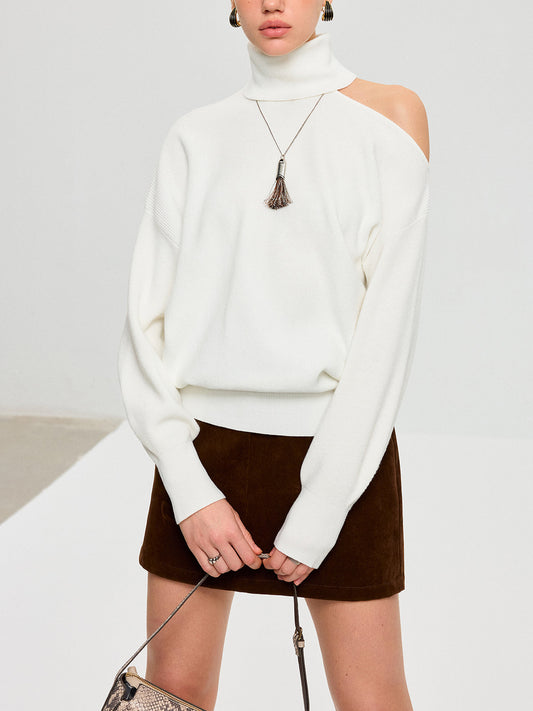 Turtleneck Cold Shoulder Wool Blend Sweater for Women Winter Fashion