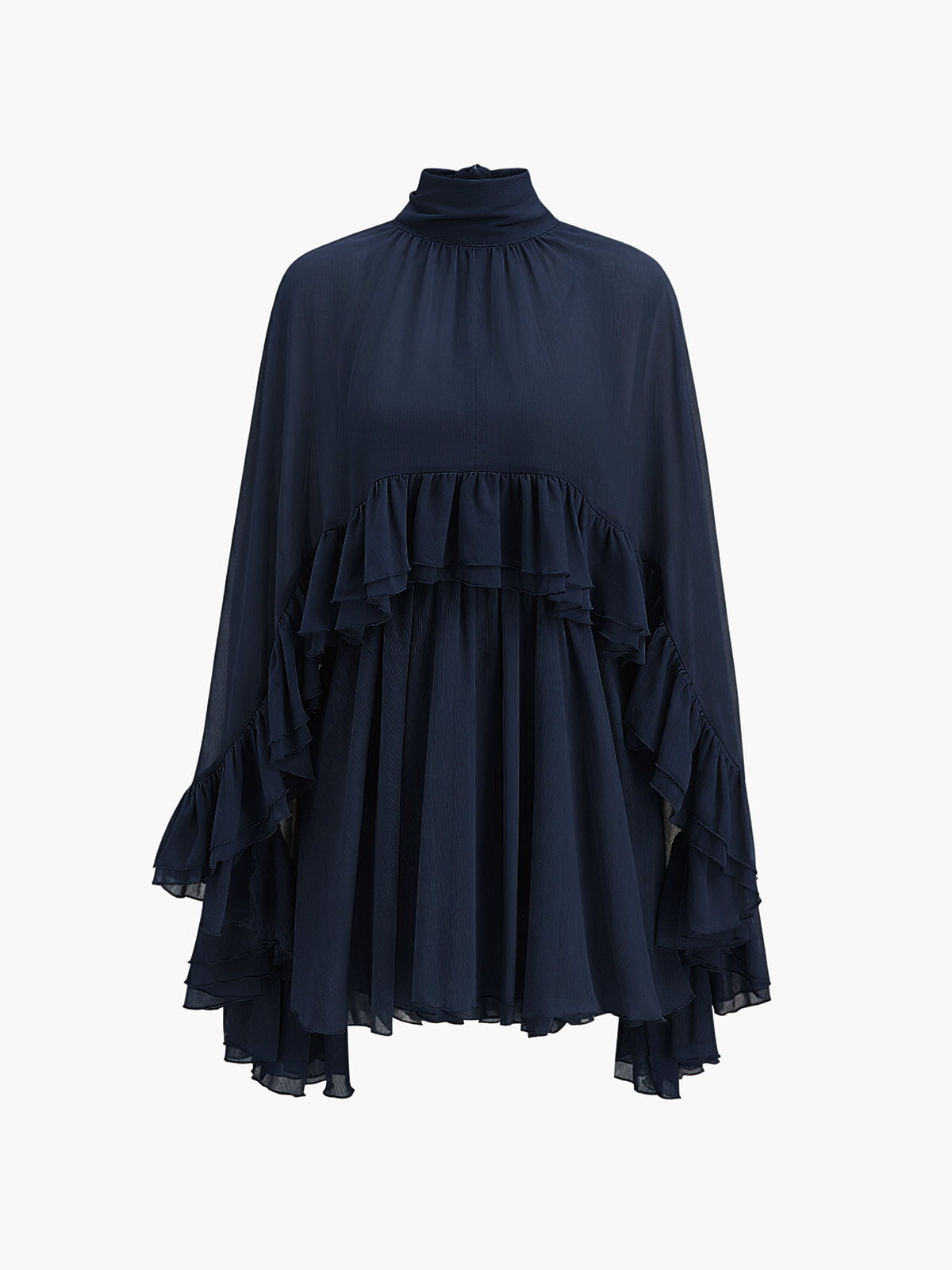 Semi-Sheer Chiffon Ruffle Dress With Flowing Outer Cape Elegant Layers