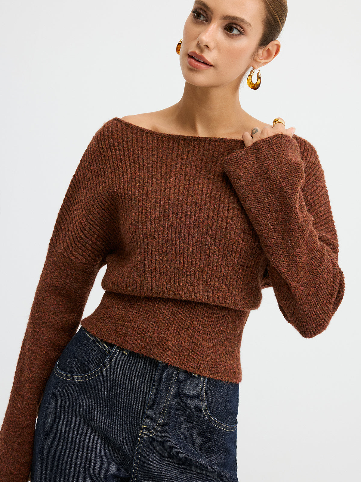 Wool Blend Off-Shoulder Sweater Cozy Winter Essential