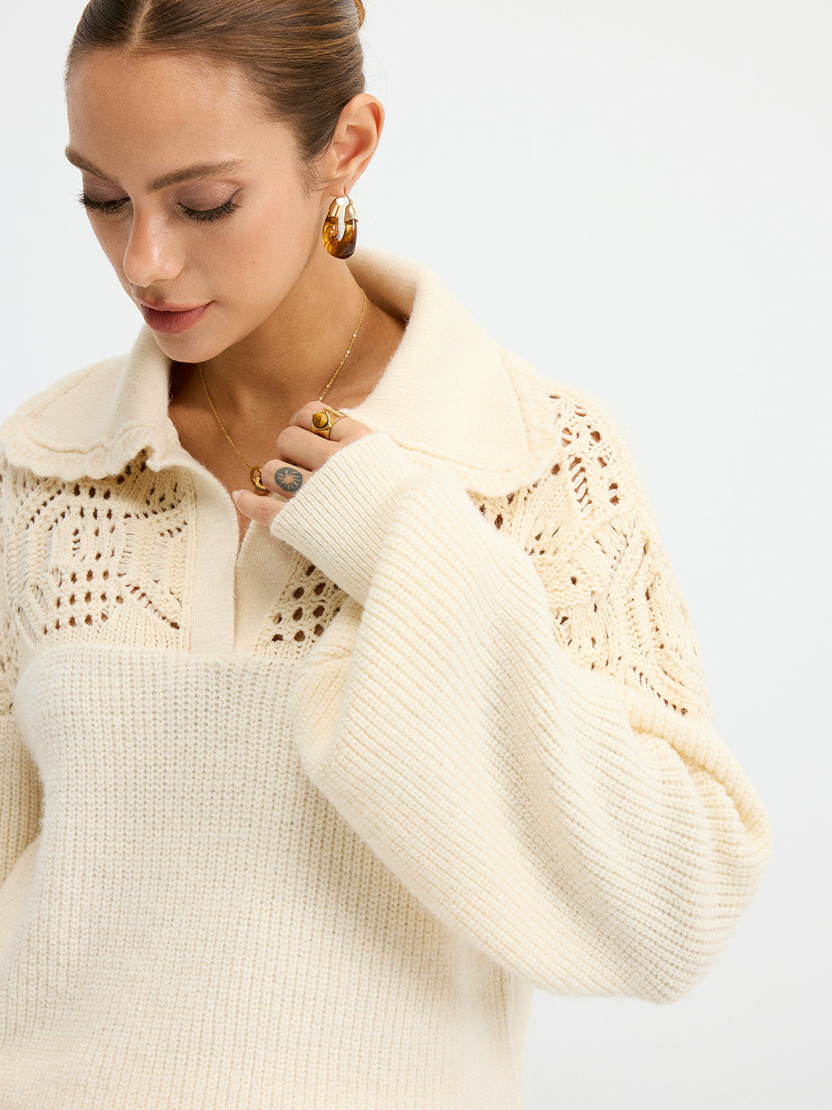 Openwork Polo Knit Sweater for Stylish Casual Wear