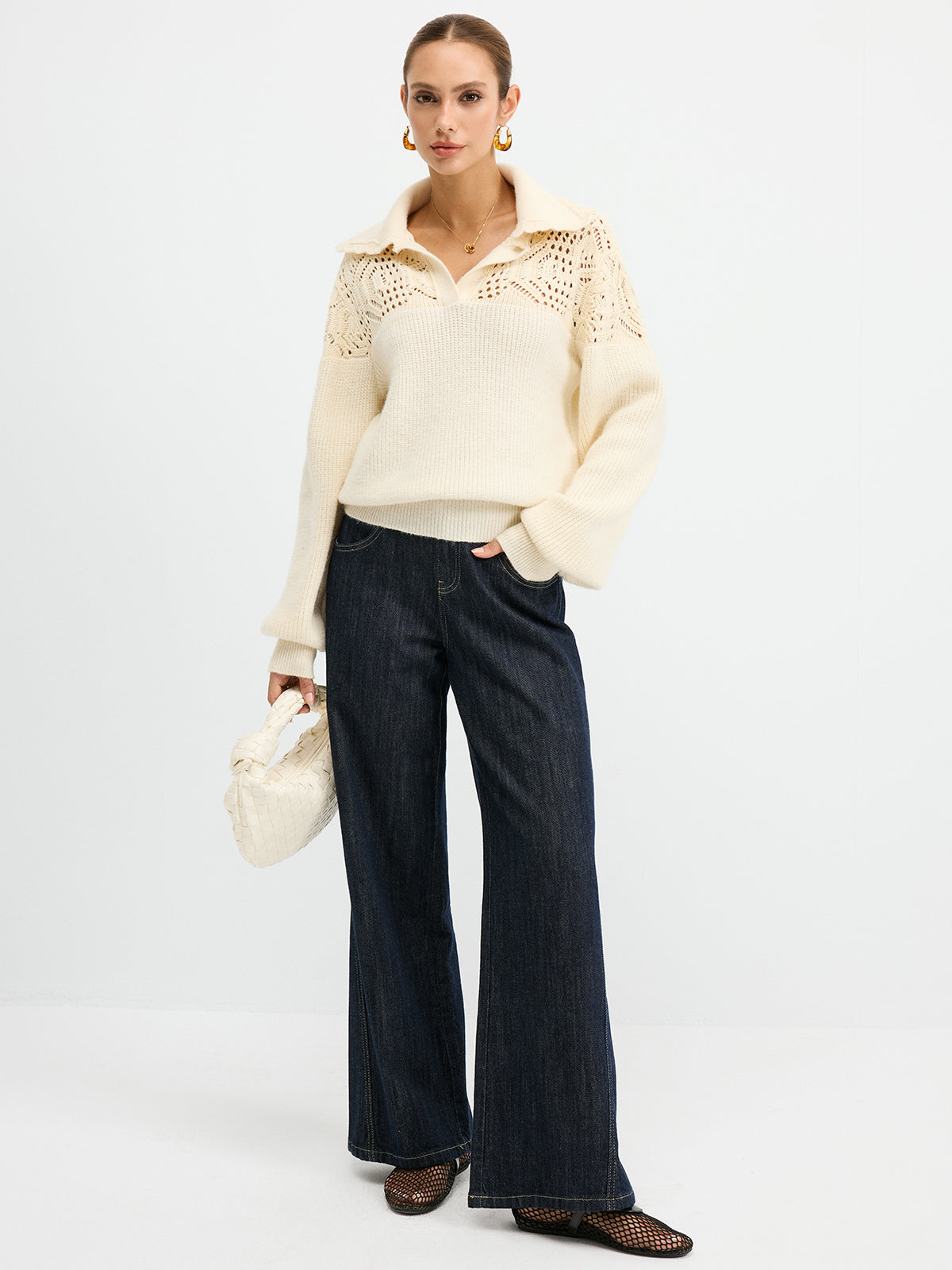 Openwork Polo Knit Sweater for Stylish Casual Wear