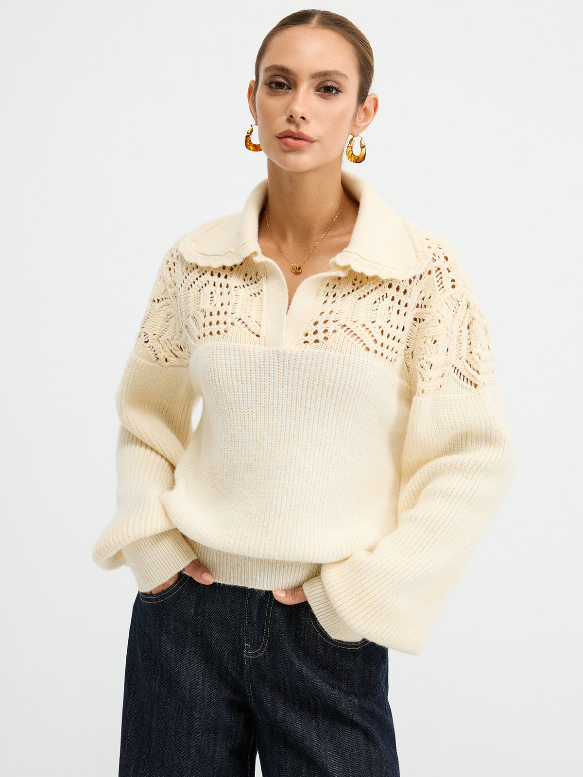 Openwork Polo Knit Sweater for Stylish Casual Wear