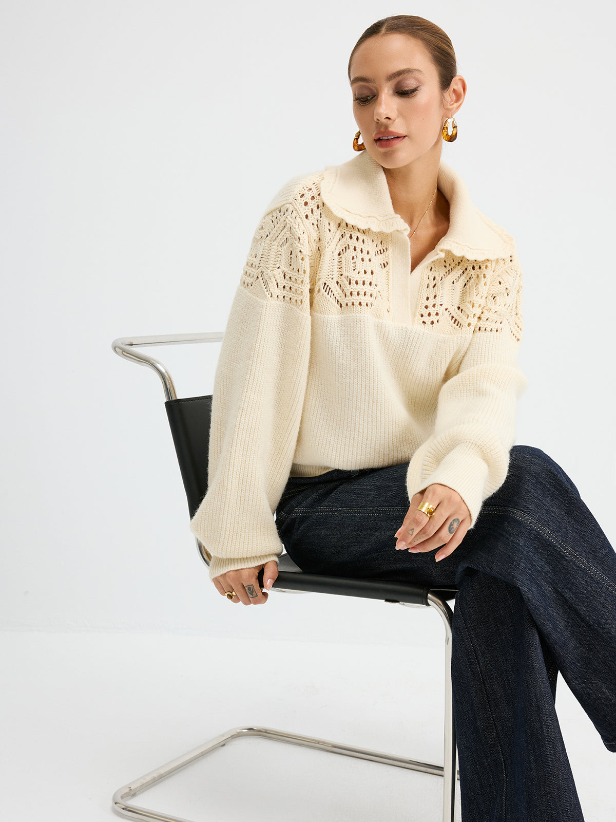 Openwork Polo Knit Sweater for Stylish Casual Wear