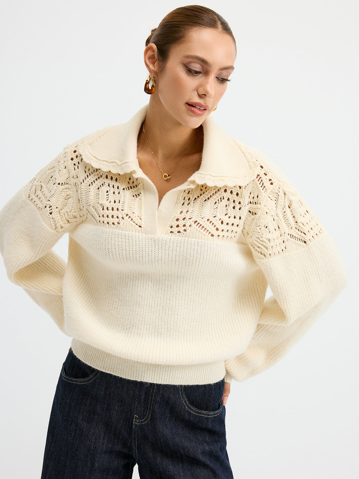 Openwork Polo Knit Sweater for Stylish Casual Wear