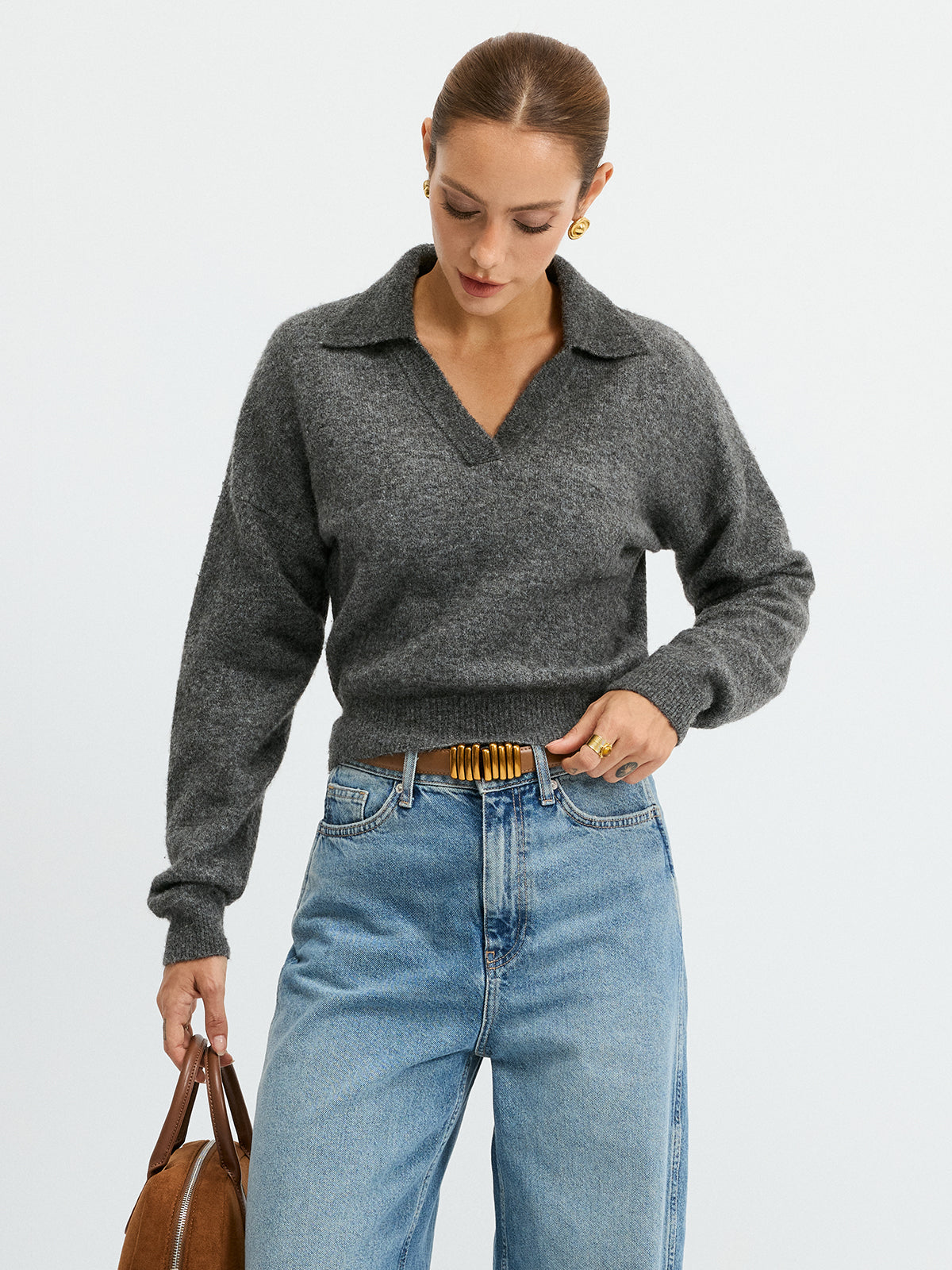 Wool Blend Polo Collar Casual Sweater for Men Comfortable Fit