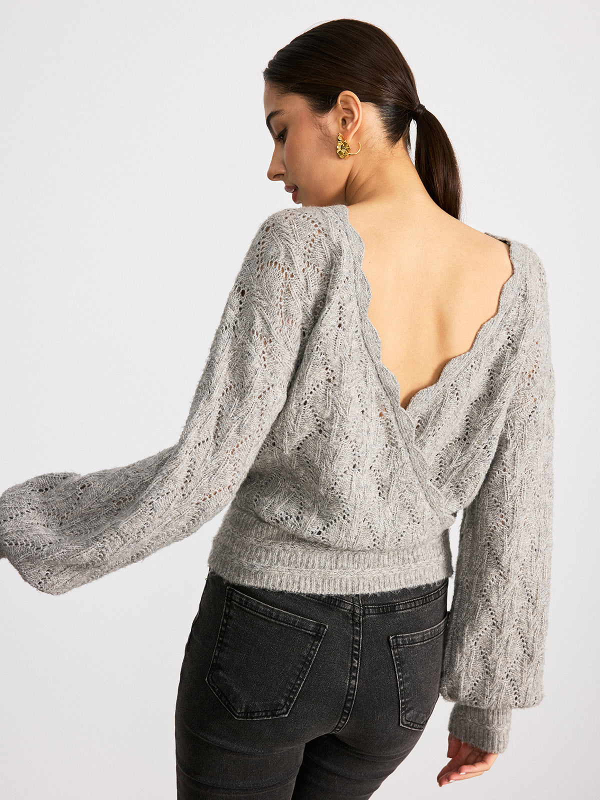 Scalloped Edge Reversible Wool Blend Sweater for Women Cozy Warm