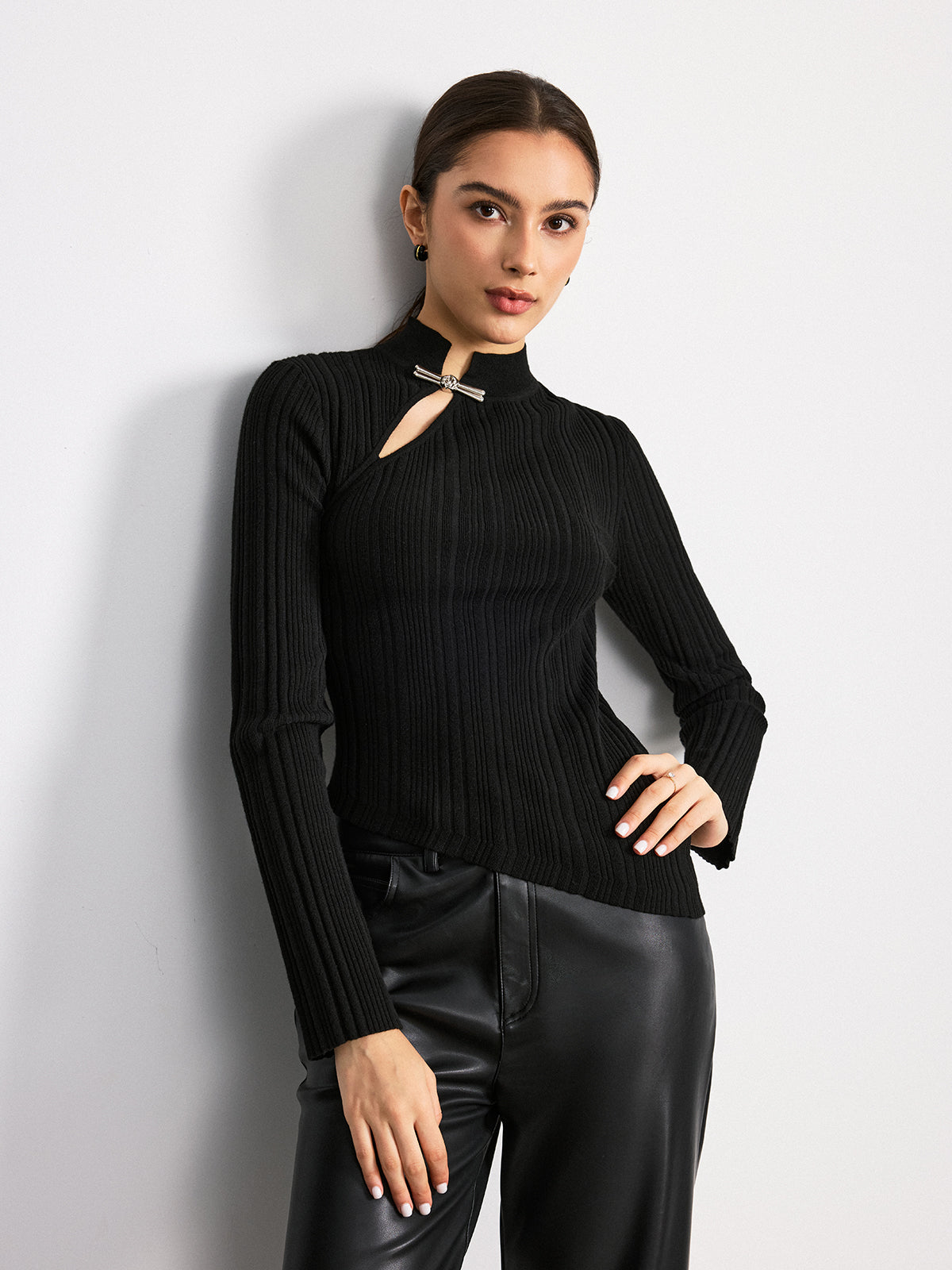 Metal Knot Detail Asymmetric Ribbed Sweater for Women Cozy Long Sleeve Pullover