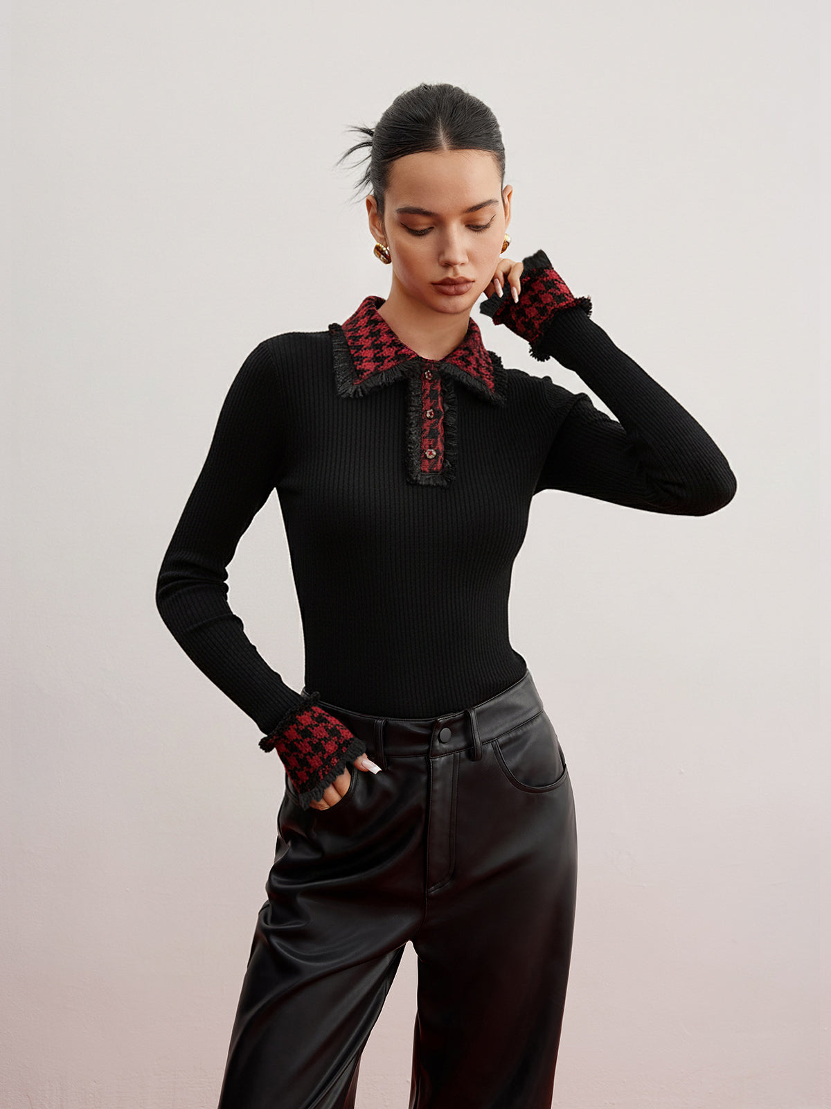 Contrast Checkered Collar Ribbed Knit Top for Women Casual Wear
