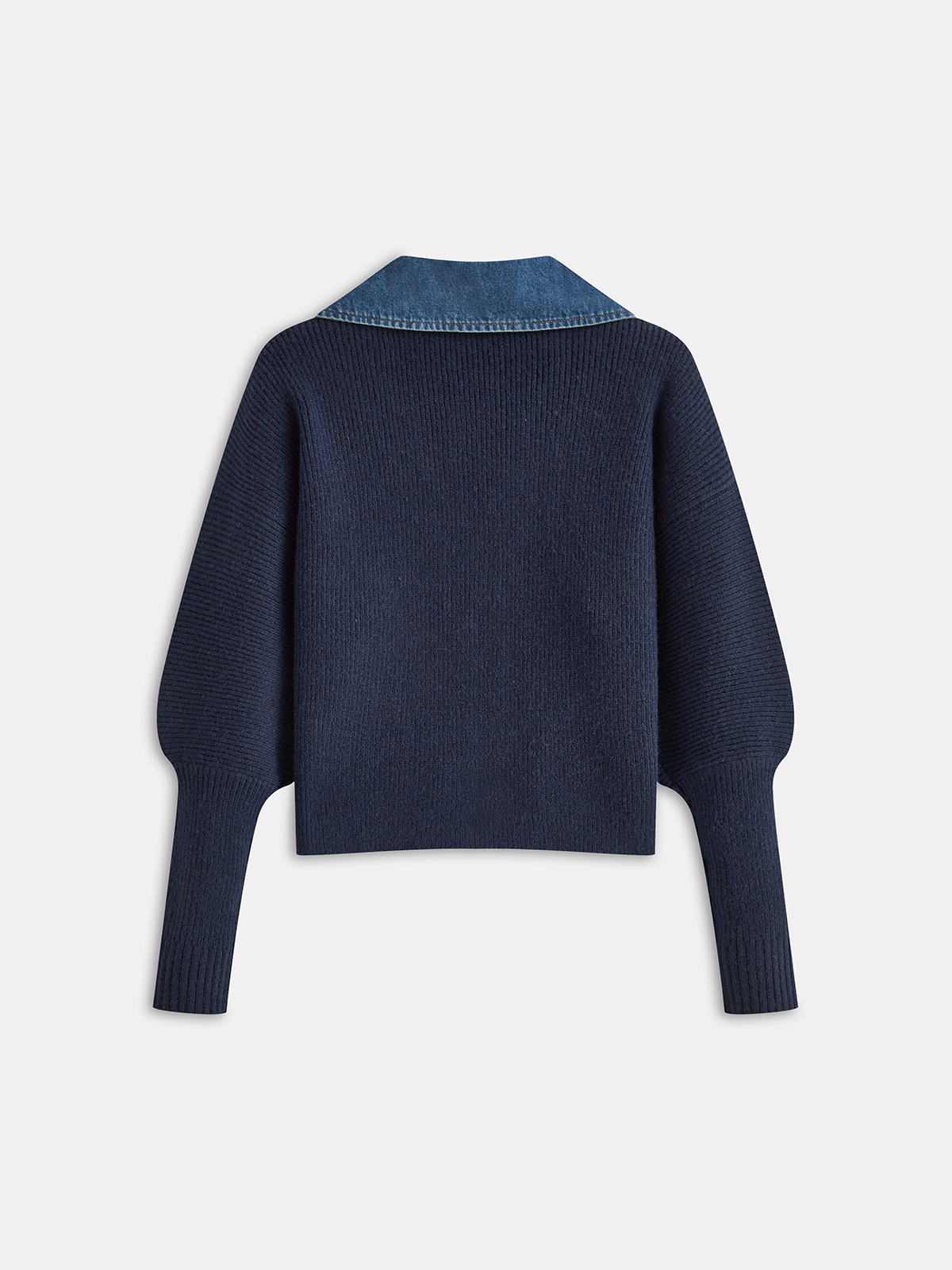 Leg-Of-Mutton Sleeve Denim Panel Knit Cardigan Stylish Women's Outerwear