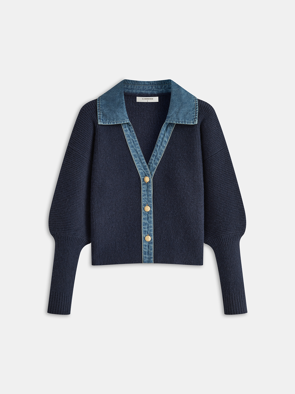 Leg-Of-Mutton Sleeve Denim Panel Knit Cardigan Stylish Women's Outerwear