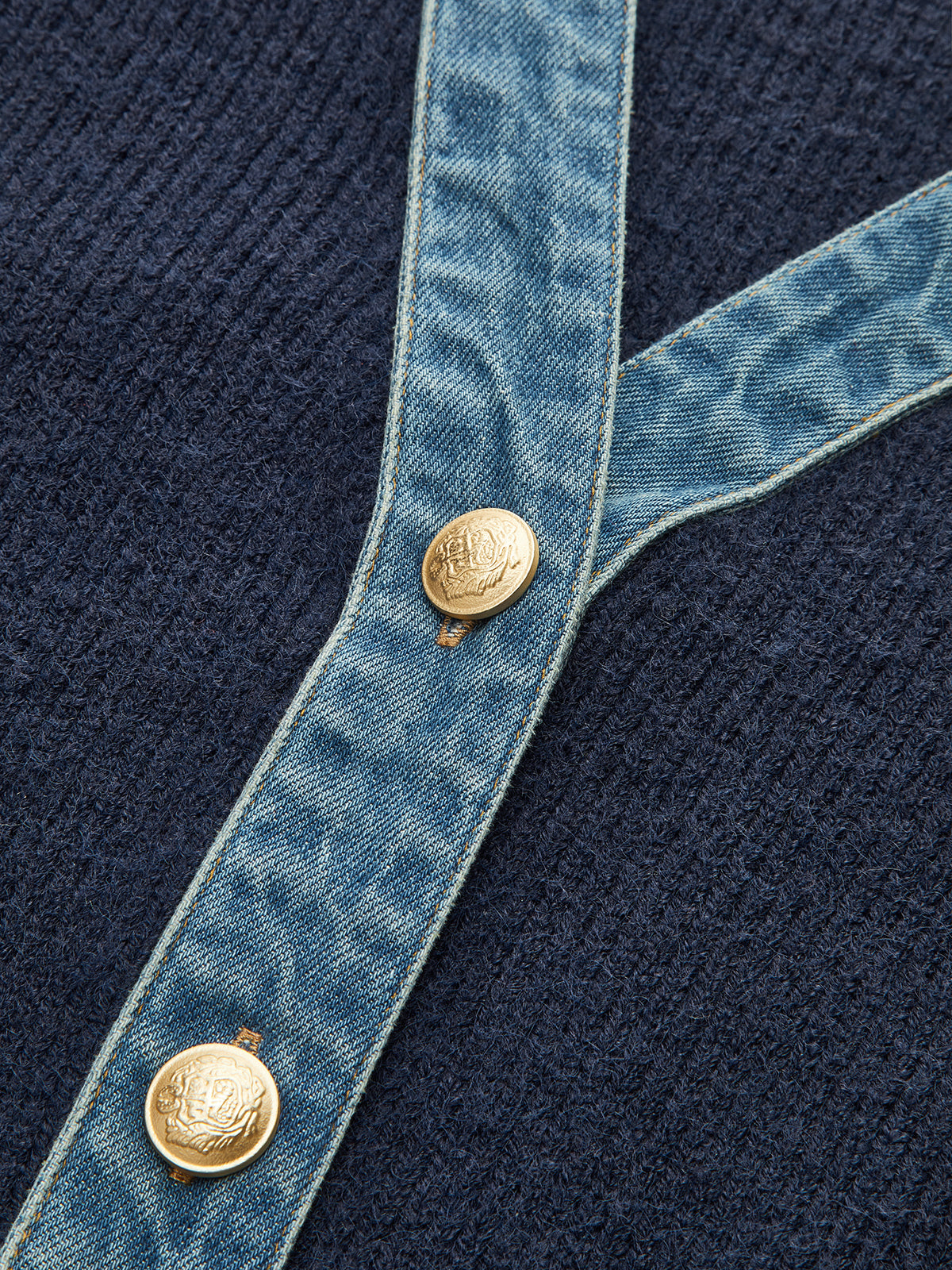 Leg-Of-Mutton Sleeve Denim Panel Knit Cardigan Stylish Women's Outerwear