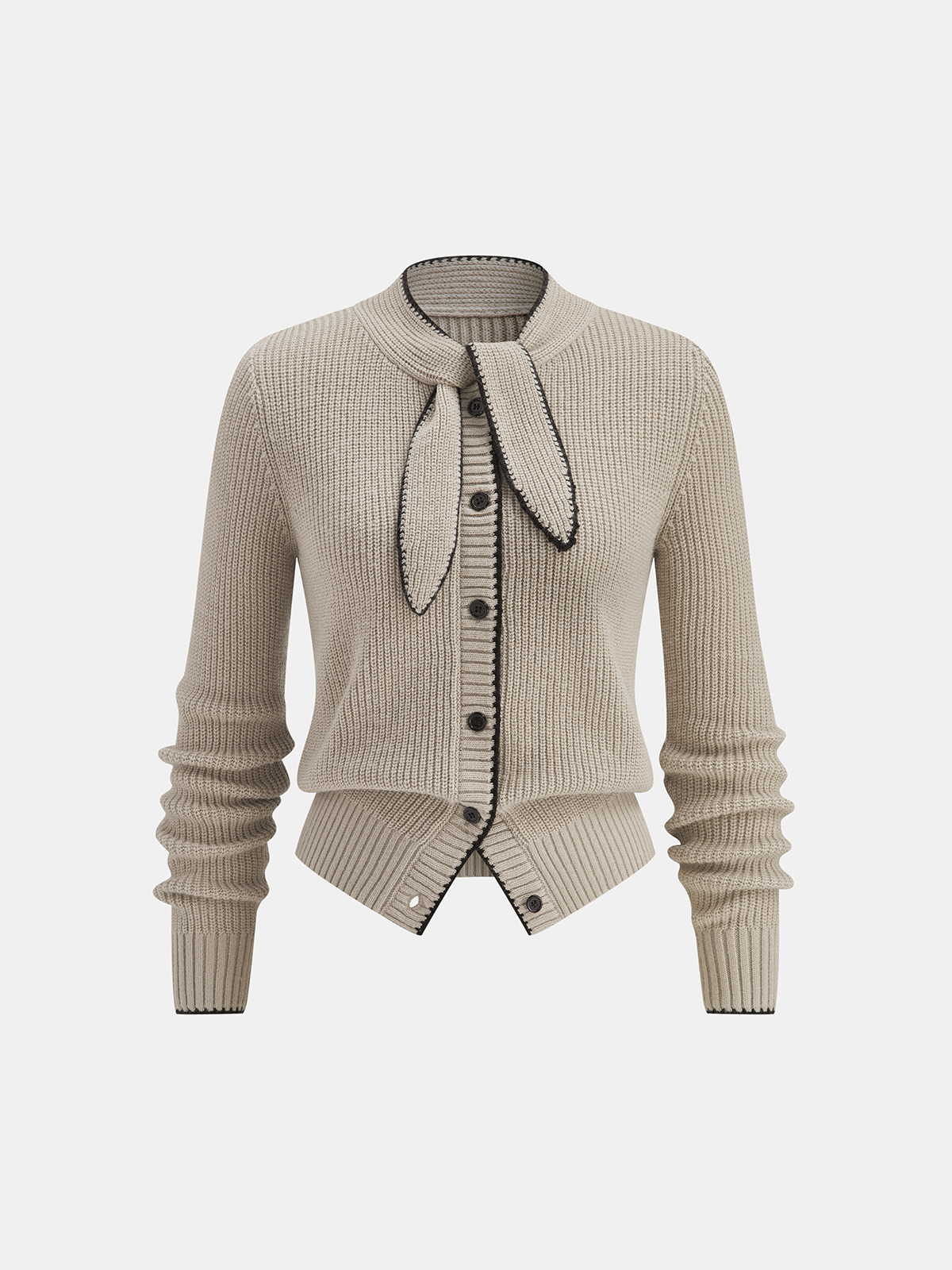 Tie Neck Contrast Trim Wool Blend Cardigan for Women