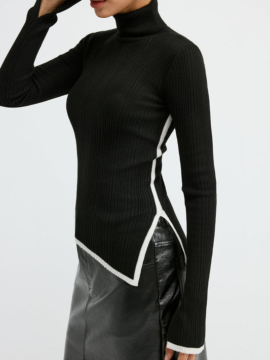 Turtleneck Contrast Trim Slit Wool Blend Knit Top for Women Stylish Winter