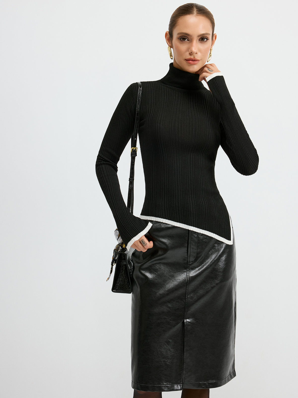 Turtleneck Contrast Trim Slit Wool Blend Knit Top for Women Stylish Winter