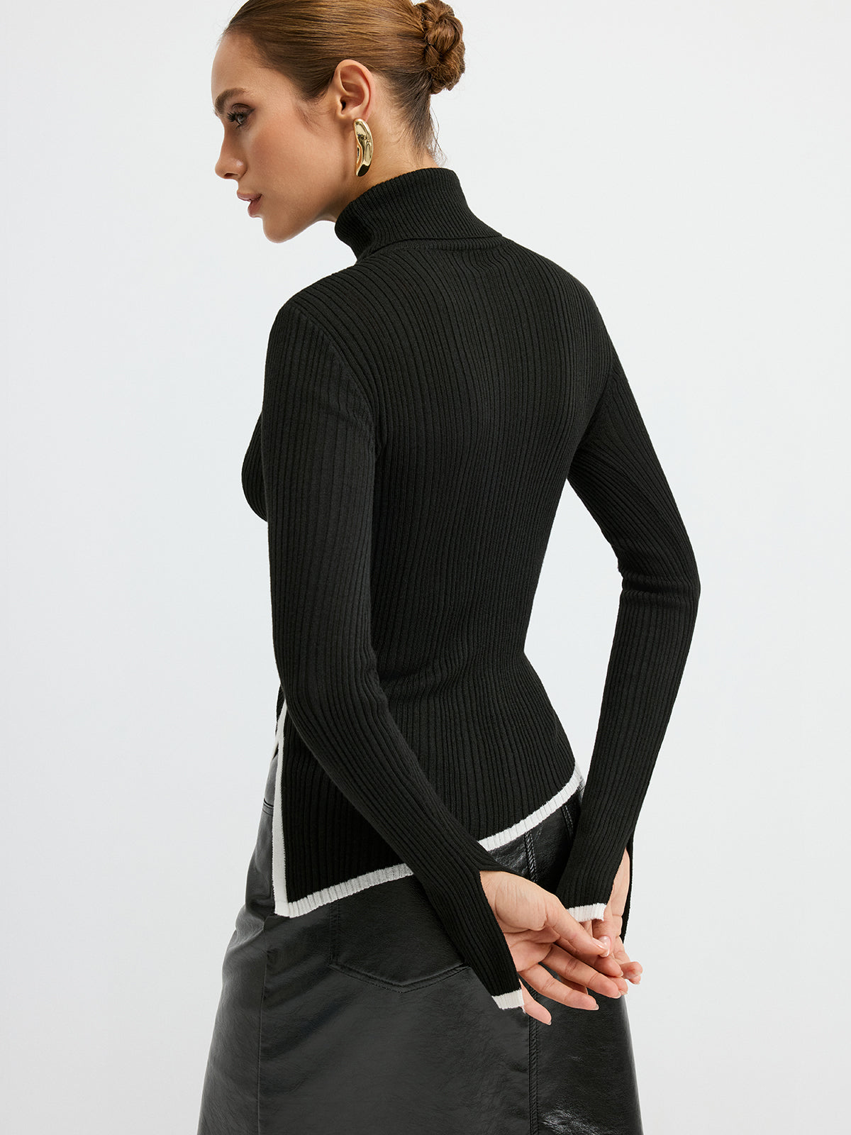 Turtleneck Contrast Trim Slit Wool Blend Knit Top for Women Stylish Winter